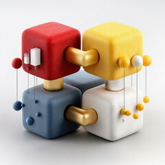 Poster - 3D abstract sculpture features four textured cubes in red, yellow, blue, and white, connected by golden rods. Each cube has unique geometric details, creating modern and artistic design