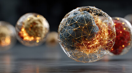 Leinwandbilder - Abstract spheres with glowing wireframe structures float in dark space, creating futuristic and dynamic atmosphere. intricate design and vibrant colors evoke sense of innovation and technology