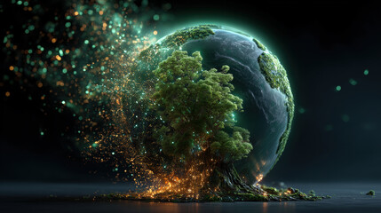 Poster - glowing earth with digital tree emerges from dark background, symbolizing fusion of nature and technology. Particles float around, creating futuristic and magical atmosphere