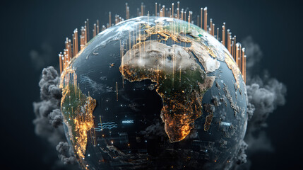 Leinwandbilder - digital representation of Earth with illuminated continents and data signals, symbolizing global connectivity and environmental monitoring. image conveys futuristic and technological theme