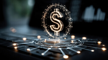 Poster - glowing digital dollar sign hovers above laptop keyboard, symbolizing futuristic finance and technology. image conveys innovation and integration of digital currency