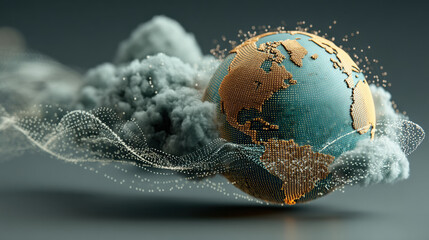 Poster - globe with dotted CO2 cloud surrounds it, symbolizing environmental impact and climate change. abstract design features digital, futuristic style with focus on sustainability