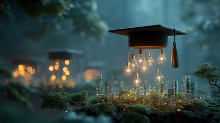 Poster - graduation cap floats above miniature futuristic cityscape, illuminated by glowing light bulbs, set in lush green forest. scene blends education with innovation and nature