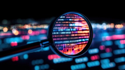 a magnifying glass focuses on colorful binary code, symbolizing data analysis and technology in a di