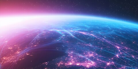 Wall Mural - A vibrant digital illustration of Earth from space with bright blue and pink data connections across the planet's surface.