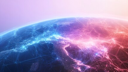Wall Mural - A vibrant digital illustration of Earth from space with bright blue and pink data connections across the planet's surface.