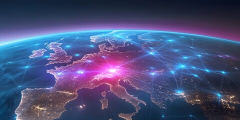 Wall Mural - A vibrant digital illustration of Earth from space with bright blue and pink data connections across the planet's surface.