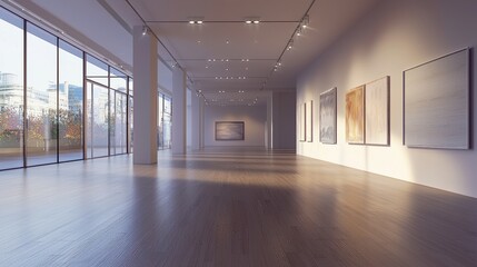 Poster - Bright expansive gallery interior featuring minimalist artwork smooth hardwood floor and large glass windows casting warm light providing contemporary space