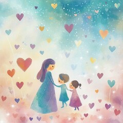 Aufkleber - A lovely Mother's Day card vector featuring illustrations of a mother and child with heart elements and a warm, loving atmosphere