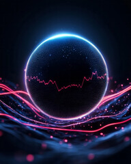 Aufkleber - A glowing blue digital planet rotating in space, surrounded by transparent red stock chart ribbons