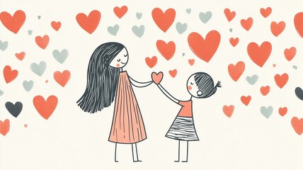 Poster - A lovely Mother's Day card vector featuring illustrations of a mother and child with heart elements and a warm, loving atmosphere