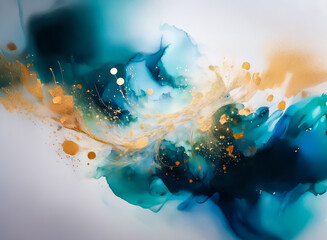 Aufkleber - An abstract fluid art piece with vibrant teal and blue hues, accented by touches of gold, hints of fluidity, resembling smoke or water. A dreamy, ethereal aesthetic. Hints are color variations and org