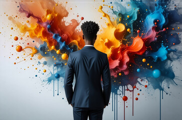 Aufkleber - A person in a suit stands before a vibrant explosion of colors, like paint splashes, representing creativity and innovation. The image evokes a sense of awe and potential.