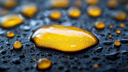 Poster - Oil droplets rest on a smooth metallic surface, showcasing the intricate details of extraction processes in the petroleum industry, highlighting the importance of refinement in modern infrastructure.
