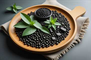Poster - Image: A wooden platter holds dark, spherical objects and fresh green leaves, suggesting a natural or food-related theme. A small bowl is inside the platter. Hints of natural food.