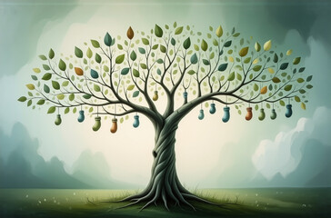 Fototapete - A vibrant tree with colorful leaves and dangling objects stands on a grassy field. The artwork has an artistic, illustrative style with a soft, dreamy feel.