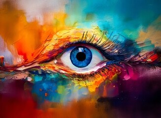 Aufkleber - Hints: The image is colorful, contains an eye, and has an artistic style.

A vibrant, artistic eye bursts with color. The open eye stares outward, surrounded by a spectrum of hues. The eye hints at de