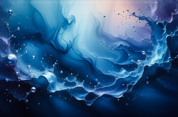 Poster - An abstract, dynamic artwork of fluid motion in shades of blue. Hints of light and air create a sense of depth and movement. Water-like elements splash and blend. Bubbles and water form a textured, or