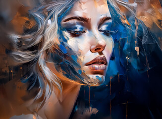 Aufkleber - An abstract, stylized portrait of a woman with closed eyes, painted in expressive brushstrokes. Blues, browns and golds blend in a dynamic composition, portraying a sense of introspection.