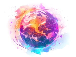 Wall Mural - A colorful digital illustration of Earth from space, with glowing links connecting cities on its surface