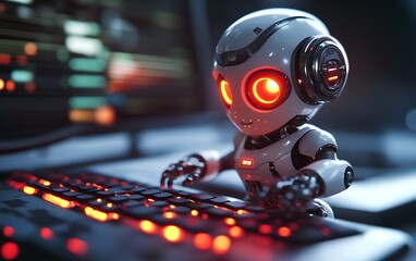 a cute robot with glowing red eyes sits on the keyboard and works in front of an electronic screen, 
