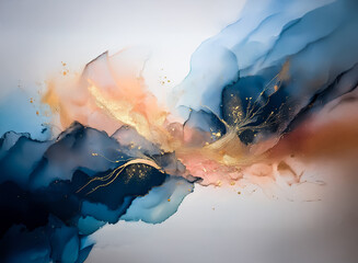 Aufkleber - Hints: Abstract fluid art. Colors: blue, gold, orange

Abstract fluid art piece featuring vibrant, blended hues. Blue, gold, and orange merge, creating a dynamic, ethereal effect. This artwork evokes 