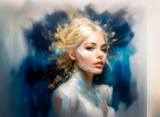 Poster - A woman's face is depicted in an artistic painting, using a mix of blues, whites and gold accents. Her hair appears golden, and her expression is one of elegant serenity. Hints of artistry are shown