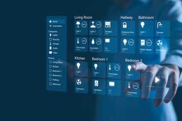 Wall Mural - iot home, internet of thing concept, businessman touching cyberspace iot home icon on virtual screen