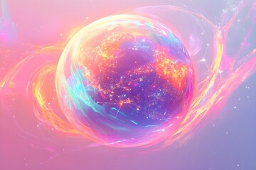 Wall Mural - A colorful digital illustration of Earth from space, with glowing links connecting cities on its surface