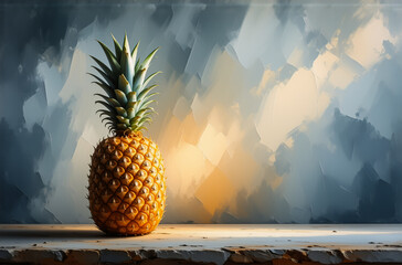 Poster - A vibrant pineapple stands alone on a weathered surface, illuminated by a warm glow. Hints of a textured, painted backdrop add depth, creating a striking contrast between the fruit and setting.