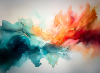 Leinwandbilder - An abstract artwork showcasing vibrant colors blending, resembling a blossoming cloud or flame across a white background. The dynamic composition exudes energy and visual interest.