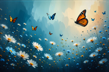 Fototapete - Here's a description and keywords based on the image:

An idyllic scene shows a field of daisies with flying butterflies. The sunlight bathes the scene, creating a sense of peace and serenity. Colors 