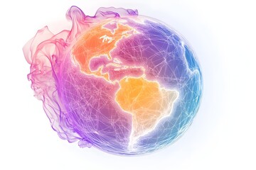 Wall Mural - A colorful digital illustration of Earth from space, with glowing links connecting cities on its surface