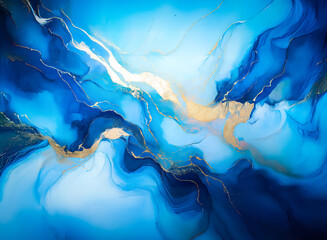 Aufkleber - **Description:** An abstract painting showcasing blue hues with gold accents, creating a fluid, ethereal effect. The piece evokes a sense of depth and movement. This artwork suggests both serenity and