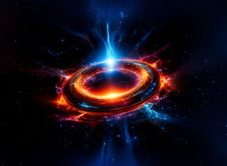 Poster - Here's the description and keywords:

A mesmerizing celestial body, radiating energy in space. The radiant source is composed of fiery rings, surrounded by nebulous elements. It exhibits cosmic power.