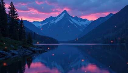Wall Mural - Evening scene of fireflies above a mountain lake and surrounding trees, nature, twilight