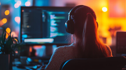 A programmer works on her computer with headphones, illuminated by vibrant neon lights in the dark.