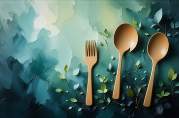 Poster - Abstract image showcases wooden cutlery against a painted background with natural elements. A fork and two spoons are surrounded by tiny leaves, adding a touch of nature and organic feel.