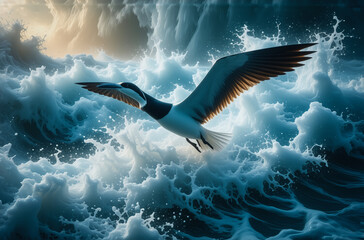 Poster - A solitary seabird soars gracefully above turbulent, churning ocean waves, illuminated by a bright, golden sun. The bird's form contrasts the dynamic water.