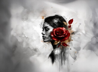 Poster - A captivating artwork depicts a woman with a beautiful crimson rose. The woman's gaze is serene, complemented by elements of gold. The style is expressive. The overall color palette is monochromatic.