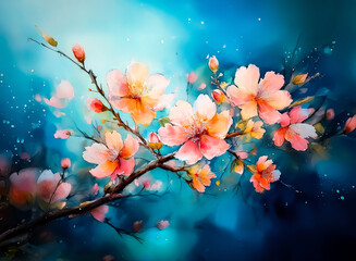 Fototapete - Here's a description and the requested keywords:

A vibrant watercolor depicts a branch blossoming. Soft petals of pink and orange contrast with a deep blue backdrop. The delicate blooms suggest seren