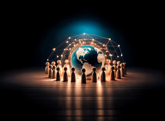 Leinwandbilder - A globe surrounded by connected figures, representing global unity. The figures are lit up with small lights, joined to each other, and to the world. Light reflects below.