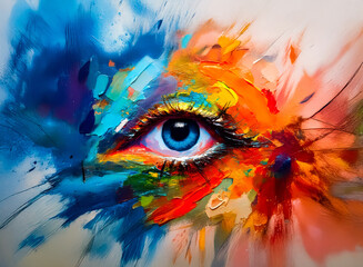 Aufkleber - An eye bursts with vibrant colors, abstractly painted. The eye reflects a deep blue, surrounded by hues of blue, orange, and green, showcasing a creative vision. This artistic expression blends sight 