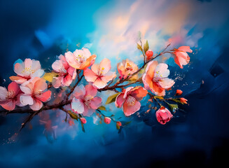 Fototapete - Vibrant blossoms grace a dark, swirling backdrop in this artwork. Delicate petals unfurl on a branch, evoking feelings of peace and serenity. The color palettes mix to create an ethereal and tranquil 