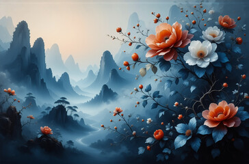 Fototapete - A serene landscape depicts majestic, misty mountains alongside vibrant, blooming flowers hinting at springtime, evoking a peaceful, dreamlike quality.