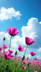 Wall Mural - Purple poppies against a blue sky with fluffy white clouds, nature, serene, idyllic