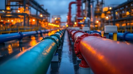 Poster - Colorful pipelines extend across the refinery site, transporting petroleum. Evening lights illuminate the area, showcasing the infrastructure and drilling operations in action.