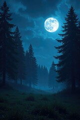 Wall Mural - Serene forest at night with full moon and cloudy sky, nature, forest