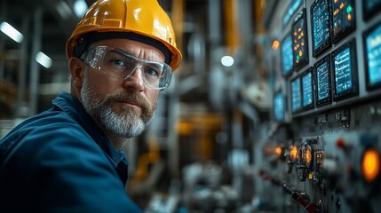 Fototapete - Technician in protective gear monitors intricate equipment controls in a refinery. Focused on optimizing petroleum extraction and processing operations for efficiency and safety.
