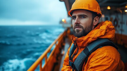 Poster - A skilled extraction worker in an orange safety suit and hard hat stands on an offshore platform, observing the turbulent sea while monitoring ongoing drilling activities during overcast conditions.